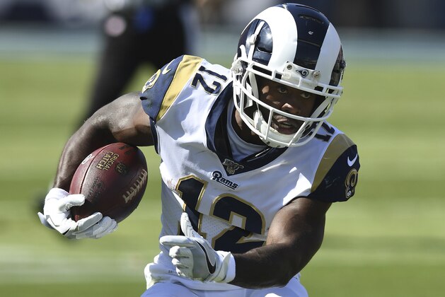 Los Angeles Rams wide receiver Brandin Cooks (12) near the sidelines after gaining yards on a reverse during the first half of an NFL football game against the San Francisco 49ers, Sunday, October 13, 2019 in Los Angeles. The 49ers defeated the Rams 20-7. (John Cordes/AP Images for Panini)