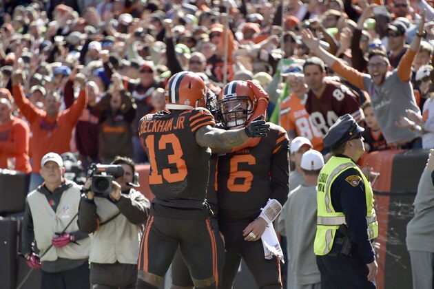 CLEVELAND, OHIO - OCTOBER 13: Odell Beckham #13 celebrates with Baker Mayfield #6 of the Cleveland Browns after Mayfield ran in a touchdown during the first quarter against the Seattle Seahawks at FirstEnergy Stadium on October 13, 2019 in Cleveland, Ohio. (Photo by Jason Miller/Getty Images)