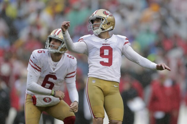 San Francisco 49ers kicker Robbie Gould, right, watches his successful field goal attempt in front of teammate Mitch Wishnowsky in the second half of an NFL football game against the Washington Redskins, Sunday, Oct. 20, 2019, in Landover, Md. San Francisco won 9-0. (AP Photo/Julio Cortez)