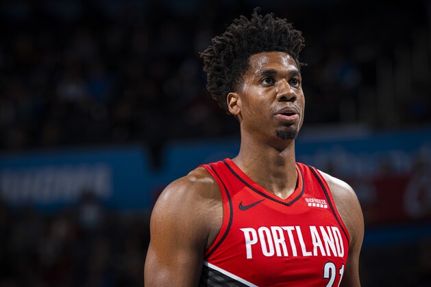 OKLAHOMA CITY, OK- OCTOBER 30: Hassan Whiteside #21 of the Portland Trail Blazers looks on during a game against the Oklahoma City Thunder on October 30, 2019 at Chesapeake Energy Arena in Oklahoma City, Oklahoma. NOTE TO USER: User expressly acknowledges and agrees that, by downloading and or using this photograph, User is consenting to the terms and conditions of the Getty Images License Agreement. Mandatory Copyright Notice: Copyright 2019 NBAE (Photo by Zach Beeker/NBAE via Getty Images)