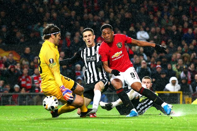 MANCHESTER, ENGLAND - NOVEMBER 07: Anthony Martial of Manchester United scores his team's second goal  during the UEFA Europa League group L match between Manchester United and Partizan at Old Trafford on November 07, 2019 in Manchester, United Kingdom. (Photo by Alex Livesey/Getty Images)