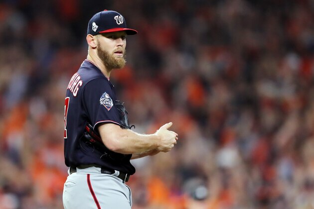 HOUSTON, TEXAS - OCTOBER 29:  Stephen Strasburg #37 of the Washington Nationals reacts after allowing a solo home run to Alex Bregman (not pictured) of the Houston Astros during the first inning in Game Six of the 2019 World Series at Minute Maid Park on October 29, 2019 in Houston, Texas. (Photo by Elsa/Getty Images)