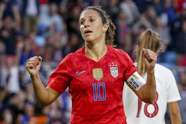 United States' Carli Lloyd celebrates her goal against Portugal during the first half of a soccer match Tuesday, Sept. 3, 2019, in St. Paul, Minn. (AP Photo/Bruce Kluckhohn)