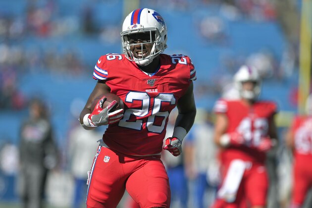 Buffalo Bills running back Devin Singletary warms up before an NFL football game Miami Dolphins, Sunday, Oct. 20, 2019, in Orchard Park, N.Y. (AP Photo/Adrian Kraus)