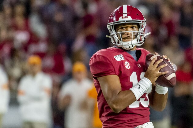 Alabama quarterback Tua Tagovailoa (13) during the first half of an NCAA college football game against Tennessee, Saturday, Oct. 19, 2019, in Tuscaloosa, Ala. (AP Photo/Vasha Hunt)