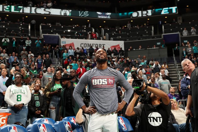 CHARLOTTE, NC - NOVEMBER 7: Kemba Walker #8 of the Boston Celtics watches his tribute video prior to a game against the Charlotte Hornets on November 7, 2019 at Spectrum Center in Charlotte, North Carolina. NOTE TO USER: User expressly acknowledges and agrees that, by downloading and or using this photograph, User is consenting to the terms and conditions of the Getty Images License Agreement.  Mandatory Copyright Notice:  Copyright 2019 NBAE (Photo by Kent Smith/NBAE via Getty Images)