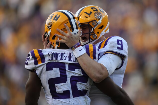 BATON ROUGE, LOUISIANA - OCTOBER 26: Quarterback Joe Burrow #9 of the LSU Tigers in action against the Auburn Tigers at Tiger Stadium on October 26, 2019 in Baton Rouge, Louisiana. (Photo by Chris Graythen/Getty Images)