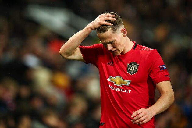 MANCHESTER, ENGLAND - NOVEMBER 07: Scott McTominay of Manchester United reacts after going off with an injury during the UEFA Europa League group L match between Manchester United and Partizan at Old Trafford on November 7, 2019 in Manchester, United Kingdom. (Photo by Robbie Jay Barratt - AMA/Getty Images)
