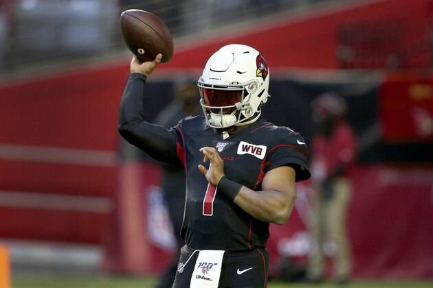 Arizona Cardinals quarterback Kyler Murray (1) warms up prior to an NFL football game against the San Francisco 49ers, Thursday, Oct. 31, 2019, in Glendale, Ariz. (AP Photo/Ross D. Franklin)