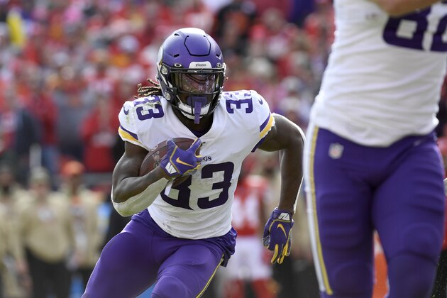 Minnesota Vikings running back Dalvin Cook (33) carries the ball during the first half of an NFL football game against the Kansas City Chiefs in Kansas City, Mo., Sunday, Nov. 3, 2019. (AP Photo/Reed Hoffmann)