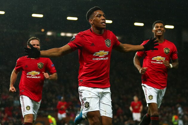 MANCHESTER, ENGLAND - NOVEMBER 07: Anthony Martial of Manchester United celebrates after scoring a goal to make it 2-0 during the UEFA Europa League group L match between Manchester United and Partizan at Old Trafford on November 7, 2019 in Manchester, United Kingdom. (Photo by Robbie Jay Barratt - AMA/Getty Images)