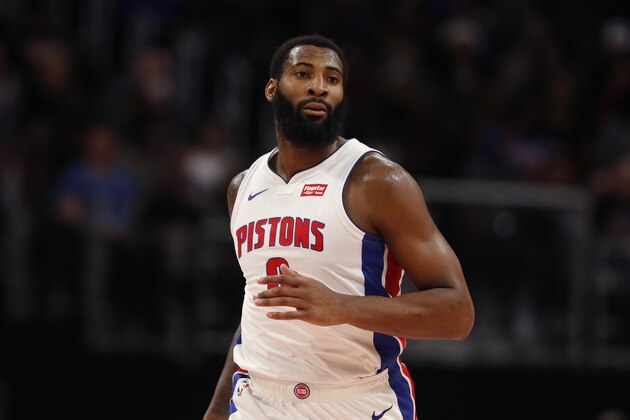 Detroit Pistons center Andre Drummond runs up court during the second half of an NBA basketball game against the New York Knicks, Wednesday, Nov. 6, 2019, in Detroit. (AP Photo/Carlos Osorio)