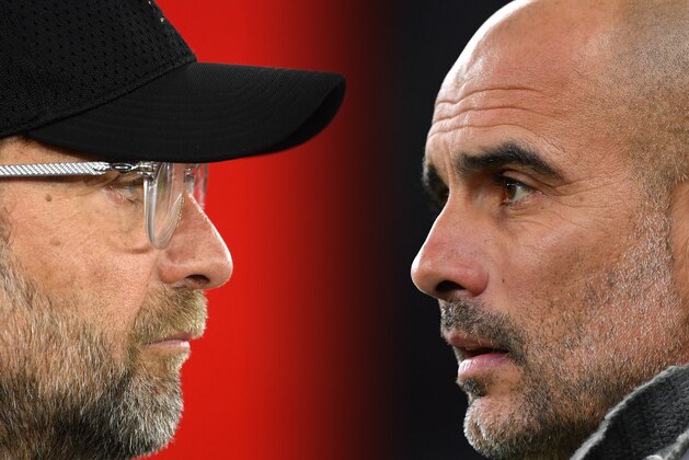 FILE PHOTO (EDITORS NOTE: COMPOSITE OF IMAGES - Image numbers 1140640499,1141519827 - GRADIENT ADDED) In this composite image a comparison has been made between Jurgen Klopp, Manager of Liverpool (L) and Josep Guardiola, Manager of Manchester City. Liverpool FC and Manchester City meet in a Premier League match on November 10, 2019 at Anfield in Liverpool.  ***LEFT IMAGE***  SOUTHAMPTON, ENGLAND - APRIL 05: Jurgen Klopp, Manager of Liverpool looks on prior to the Premier League match between Southampton FC and Liverpool FC at St Mary's Stadium on April 05, 2019 in Southampton, United Kingdom. (Photo by Mike Hewitt/Getty Images) ***RIGHT IMAGE***  LONDON, ENGLAND - APRIL 09: Josep Guardiola, Manager of Manchester City looks on prior to the UEFA Champions League Quarter Final first leg match between Tottenham Hotspur and Manchester City at Tottenham Hotspur Stadium on April 09, 2019 in London, England. (Photo by Dan Mullan/Getty Images)