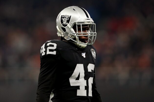 LONDON, ENGLAND - OCTOBER 06: Karl Joseph #42 of the Oakland Raiders looks on during the NFL match between the Chicago Bears and Oakland Raiders at Tottenham Hotspur Stadium on October 06, 2019 in London, England. (Photo by Jack Thomas/Getty Images)