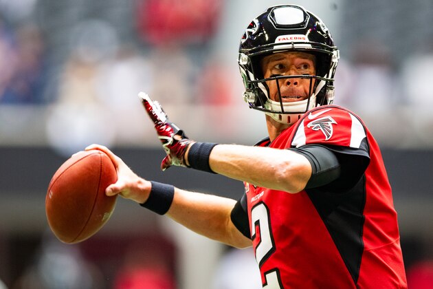 ATLANTA, GA - OCTOBER 20: Matt Ryan #2 of the Atlanta Falcons looks to pass prior to a game against the Los Angeles Rams at Mercedes-Benz Stadium on October 20, 2019 in Atlanta, Georgia. (Photo by Carmen Mandato/Getty Images)