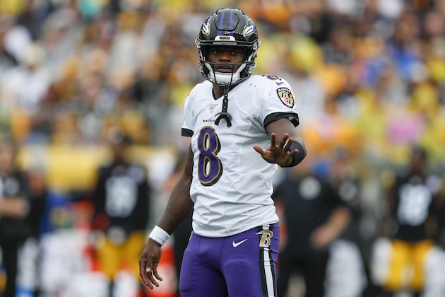 Baltimore Ravens quarterback Lamar Jackson (8) plays against the Pittsburgh Steelers in an NFL football game, Sunday, Oct. 6, 2019, in Pittsburgh. (AP Photo/Don Wright)