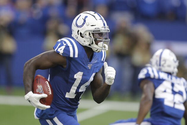 Indianapolis Colts' Zach Pascal runs during the first half of an NFL football game against the Denver Broncos, Sunday, Oct. 27, 2019, in Indianapolis. (AP Photo/Darron Cummings)