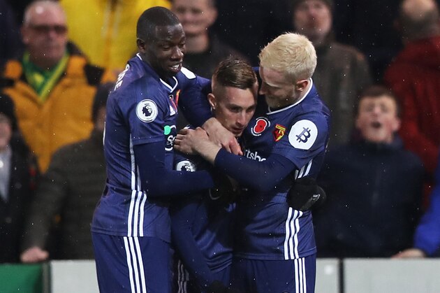 NORWICH, ENGLAND - NOVEMBER 08: Gerard Deulofeu of Watford celebrates with his teammates after scoring his sides first goal during the Premier League match between Norwich City and Watford FC at Carrow Road on November 08, 2019 in Norwich, United Kingdom. (Photo by Naomi Baker/Getty Images)
