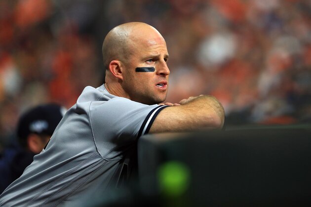 HOUSTON, TEXAS - OCTOBER 12:  Brett Gardner #11 of the New York Yankees looks on against the Houston Astros during the eighth inning in game one of the American League Championship Series at Minute Maid Park on October 12, 2019 in Houston, Texas. (Photo by Mike Ehrmann/Getty Images)