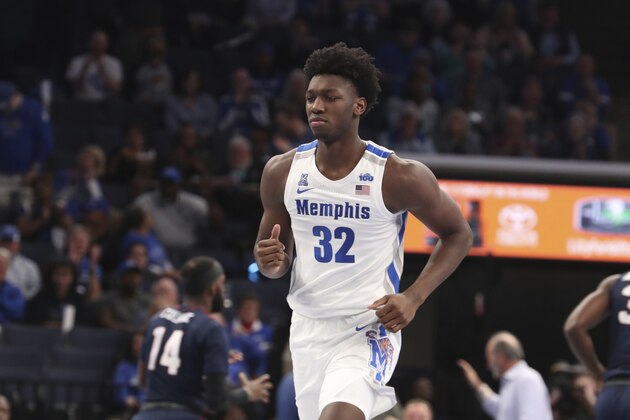 James Wiseman in the first half of an NCAA college basketball game Wednesday, Nov. 6, 2019, in Memphis, Tenn. (AP Photo/Karen Pulfer Focht)