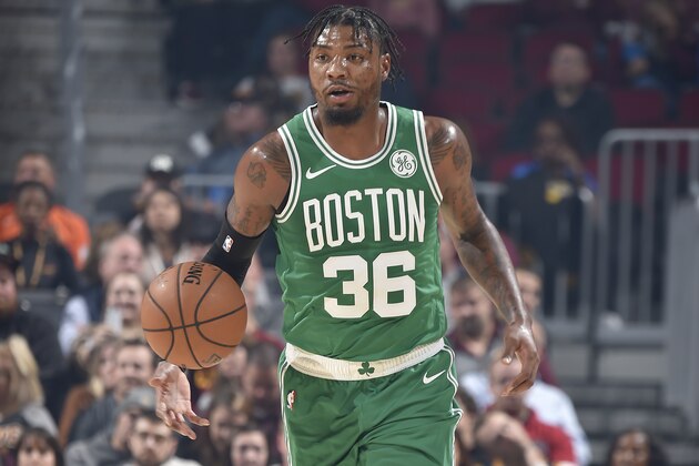 CLEVELAND, OH - NOVEMBER 5: Marcus Smart #36 of the Boston Celtics handles the ball against the Cleveland Cavaliers on November 5, 2019 at Quicken Loans Arena in Cleveland, Ohio. NOTE TO USER: User expressly acknowledges and agrees that, by downloading and/or using this Photograph, user is consenting to the terms and conditions of the Getty Images License Agreement. Mandatory Copyright Notice: Copyright 2019 NBAE (Photo by David Liam Kyle/NBAE via Getty Images)