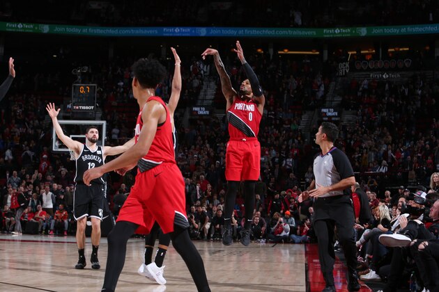 PORTLAND, OR - NOVEMBER 8: Damian Lillard #0 of the Portland Trail Blazers shoots the ball against the Brooklyn Nets on November 8, 2019 at the Moda Center Arena in Portland, Oregon. NOTE TO USER: User expressly acknowledges and agrees that, by downloading and or using this photograph, user is consenting to the terms and conditions of the Getty Images License Agreement. Mandatory Copyright Notice: Copyright 2019 NBAE (Photo by Sam Forencich/NBAE via Getty Images)
