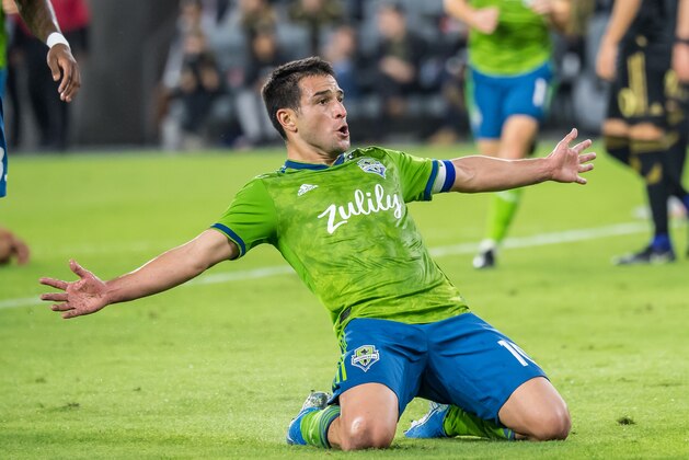 LOS ANGELES, CA - OCTOBER 29:  Nicolas Lodeiro #10 of Seattle Sounders celebrates his first half goal during the MLS Western Conference Final between Los Angeles FC and Seattle Sounders at the Banc of California Stadium on October 29, 2019 in Los Angeles, California.  Seattle Sounders won the match 3-1 (Photo by Shaun Clark/Getty Images)