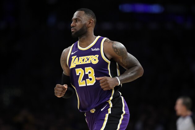 Los Angeles Lakers' LeBron James (23) runs back during the second half of an NBA basketball game against the Miami Heat Friday, Nov. 8, 2019, in Los Angeles. (AP Photo/Marcio Jose Sanchez)