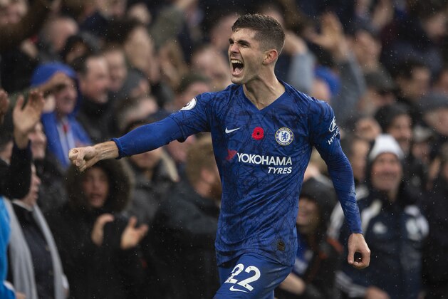 LONDON, ENGLAND - NOVEMBER 09: Christian Pulisic celebrates after scoring the second Chelsea goal during the Premier League match between Chelsea FC and Crystal Palace at Stamford Bridge on November 09, 2019 in London, United Kingdom. (Photo by Visionhaus)