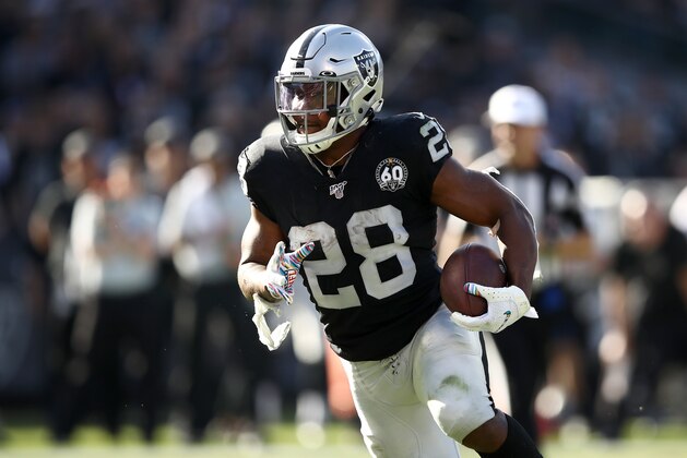 OAKLAND, CALIFORNIA - NOVEMBER 03:   Josh Jacobs #28 of the Oakland Raiders runs in for a touchdown against the Detroit Lions at RingCentral Coliseum on November 03, 2019 in Oakland, California. (Photo by Ezra Shaw/Getty Images)