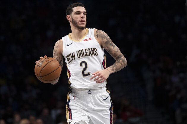 New Orleans Pelicans guard Lonzo Ball handles the ball during the first half of an NBA basketball game against the Brooklyn Nets, Monday, Nov. 4, 2019, in New York. (AP Photo/Mary Altaffer)