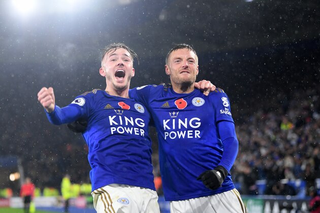 LEICESTER, ENGLAND - NOVEMBER 09: James Maddison of Leicester City celebrates with teammate Jamie Vardy after scoring his team's second goal during the Premier League match between Leicester City and Arsenal FC at The King Power Stadium on November 09, 2019 in Leicester, United Kingdom. (Photo by Michael Regan/Getty Images)