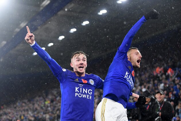 LEICESTER, ENGLAND - NOVEMBER 09: James Maddison of Leicester City celebrates with teammate Jamie Vardy after scoring his team's second goal during the Premier League match between Leicester City and Arsenal FC at The King Power Stadium on November 09, 2019 in Leicester, United Kingdom. (Photo by Michael Regan/Getty Images)