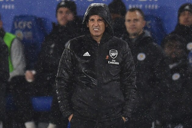 Arsenal's Spanish head coach Unai Emery looks on the from touchline during the English Premier League football match between Leicester City and Arsenal at King Power Stadium in Leicester, central England on November 9, 2019. (Photo by Oli SCARFF / AFP) / RESTRICTED TO EDITORIAL USE. No use with unauthorized audio, video, data, fixture lists, club/league logos or 'live' services. Online in-match use limited to 120 images. An additional 40 images may be used in extra time. No video emulation. Social media in-match use limited to 120 images. An additional 40 images may be used in extra time. No use in betting publications, games or single club/league/player publications. /  (Photo by OLI SCARFF/AFP via Getty Images)
