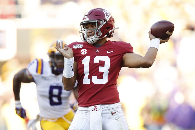 TUSCALOOSA, ALABAMA - NOVEMBER 09: Tua Tagovailoa #13 of the Alabama Crimson Tide throws a pass during the first half against the LSU Tigers in the game at Bryant-Denny Stadium on November 09, 2019 in Tuscaloosa, Alabama. (Photo by Todd Kirkland/Getty Images)