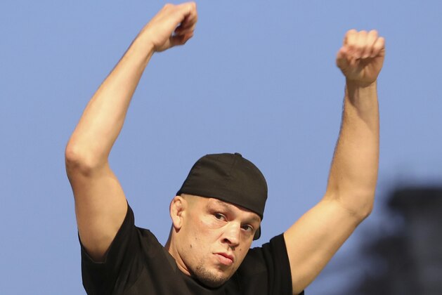 Nate Diaz is seen at a news conference for the UFC 244 mixed martial arts event, Thursday, Sept. 19, 2019, in New York. Jorge Masvidal is scheduled to fight Diaz Saturday, November 2 at Madison Square Garden. (AP Photo/Gregory Payan)