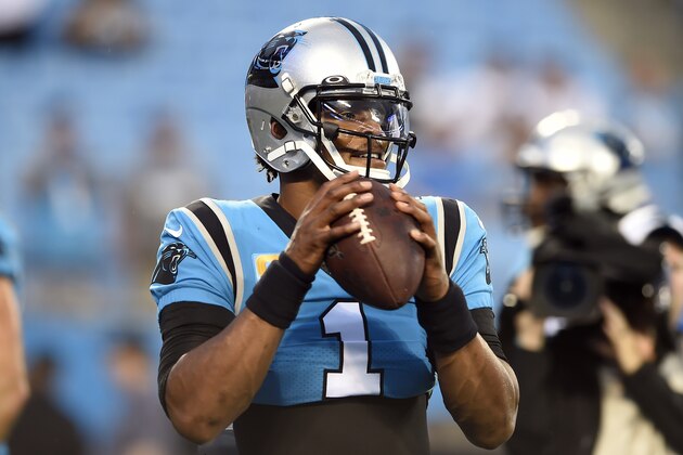 Carolina Panthers quarterback Cam Newton (1) warms up prior to an NFL football game against the Tampa Bay Buccaneers in Charlotte, N.C., Thursday, Sept. 12, 2019. (AP Photo/Mike McCarn)