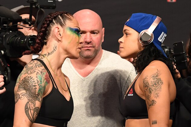 INGLEWOOD, CA - DECEMBER 28:  (L-R) Opponents Cris Cyborg of Brazil and Amanda Nunes of Brazil face off during the UFC 232 weigh-in inside The Forum on December 28, 2018 in Inglewood, California. (Photo by Josh Hedges/Zuffa LLC/Zuffa LLC via Getty Images)