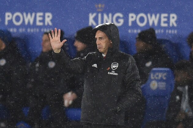 Arsenal's Spanish head coach Unai Emery gestures on the touchline during the English Premier League football match between Leicester City and Arsenal at King Power Stadium in Leicester, central England on November 9, 2019. (Photo by Oli SCARFF / AFP) / RESTRICTED TO EDITORIAL USE. No use with unauthorized audio, video, data, fixture lists, club/league logos or 'live' services. Online in-match use limited to 120 images. An additional 40 images may be used in extra time. No video emulation. Social media in-match use limited to 120 images. An additional 40 images may be used in extra time. No use in betting publications, games or single club/league/player publications. /  (Photo by OLI SCARFF/AFP via Getty Images)