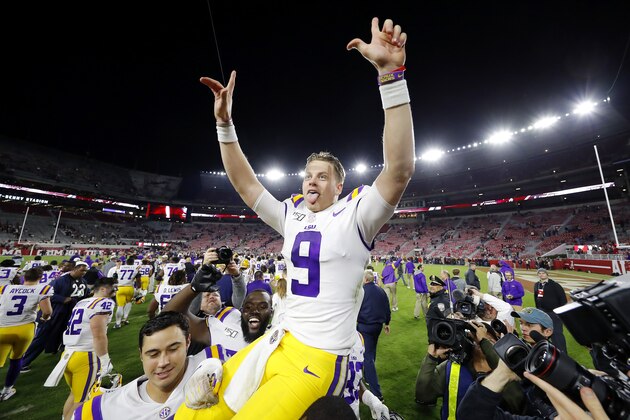 TUSCALOOSA, ALABAMA - NOVEMBER 09: Joe Burrow #9 of the LSU Tigers celebrates as he is carried by teammates after defeating the Alabama Crimson Tide 46-41 at Bryant-Denny Stadium on November 09, 2019 in Tuscaloosa, Alabama. (Photo by Kevin C. Cox/Getty Images)