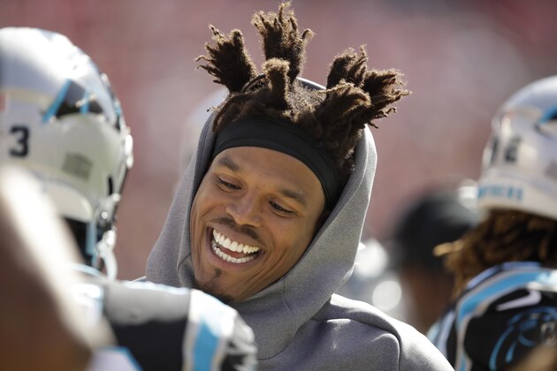 Carolina Panthers quarterback Cam Newton on the sidelines during the first half of an NFL football game against the San Francisco 49ers in Santa Clara, Calif., Sunday, Oct. 27, 2019. (AP Photo/Ben Margot)