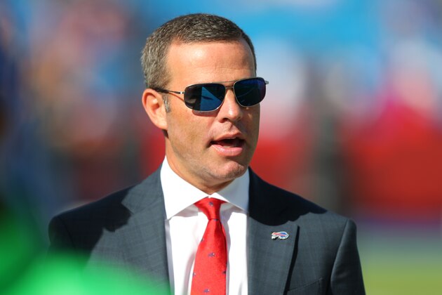 ORCHARD PARK, NY - OCTOBER 20:  Buffalo Bills general manager Brandon Beane on the field before a game against the Miami Dolphins at New Era Field on October 20, 2019 in Orchard Park, New York.  Buffalo beats Miami 31 to 21. (Photo by Timothy T Ludwig/Getty Images)