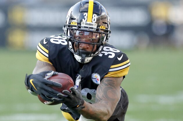 Pittsburgh Steelers running back Jaylen Samuels (38) stretches for more yards against the Indianapolis Colts in the second half of an NFL football game , Sunday, Nov. 3, 2019, in Pittsburgh. He was ruled down at the one-yard line (AP Photo/Don Wright)