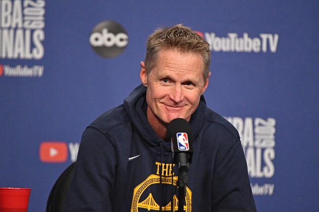 TORONTO, CANADA - MAY 30: Steve Kerr of the Golden State Warriors smiles and talks to the media during a press conference before Game One of the NBA Finals against the Toronto Raptors on May 30, 2019 at Scotiabank Arena in Toronto, Ontario, Canada. NOTE TO USER: User expressly acknowledges and agrees that, by downloading and/or using this photograph, user is consenting to the terms and conditions of the Getty Images License Agreement. Mandatory Copyright Notice: Copyright 2019 NBAE (Photo by Garrett Ellwood/NBAE via Getty Images)