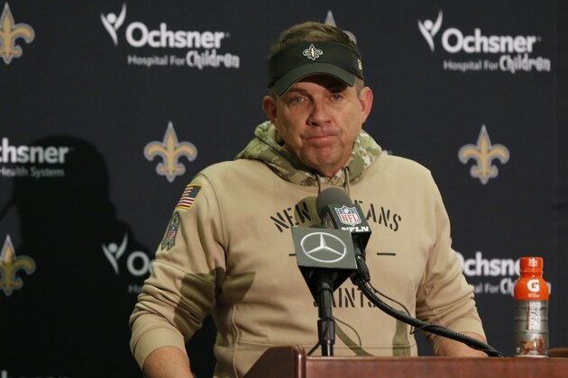 New Orleans Saints head coach Sean Payton talks to reporters after an NFL football game against the Atlanta Falcons in New Orleans, Sunday, Nov. 10, 2019. The Falcons won 26-9. (AP Photo/Butch Dill)