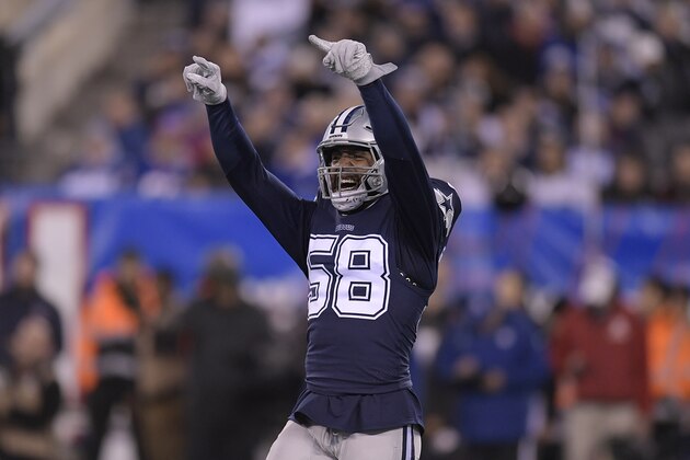 Dallas Cowboys defensive end Robert Quinn (58) reacts after a play against the New York Giants during the first quarter of an NFL football game, Monday, Nov. 4, 2019, in East Rutherford, N.J. (AP Photo/Bill Kostroun)