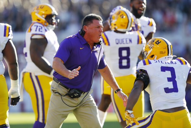 TUSCALOOSA, ALABAMA - NOVEMBER 09: Head coach Ed Orgeron of the LSU Tigers reacts after the Tigers recovered a fumble during the first half against the Alabama Crimson Tide in the game at Bryant-Denny Stadium on November 09, 2019 in Tuscaloosa, Alabama. (Photo by Kevin C. Cox/Getty Images)