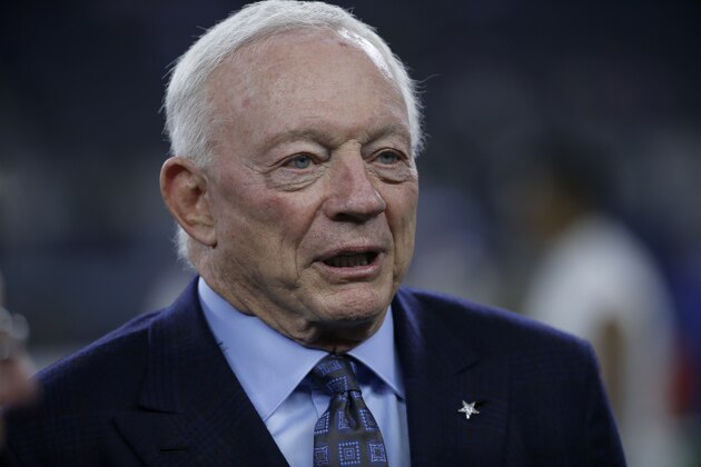 Dallas Cowboys team owner Jerry Jones stands on the field during warm ups before an NFL football game against the Minnesota Vikings in Arlington, Texas, Sunday, Nov. 10, 2019. (AP Photo/Ron Jenkins)