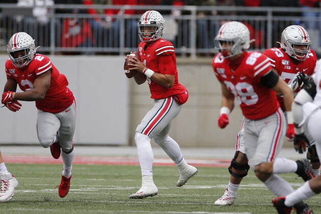 Ohio State quarterback Justin Fields plays against Maryland during an NCAA college football game Saturday, Nov. 9, 2019, in Columbus, Ohio. (AP Photo/Jay LaPrete)