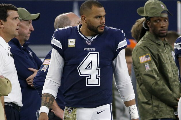 Dallas Cowboys quarterback Dak Prescott (4) watches from the sideline during the second half of the team's NFL football game against the Minnesota Vikings in Arlington, Texas, Sunday, Nov. 10, 2019. (AP Photo/Ron Jenkins)